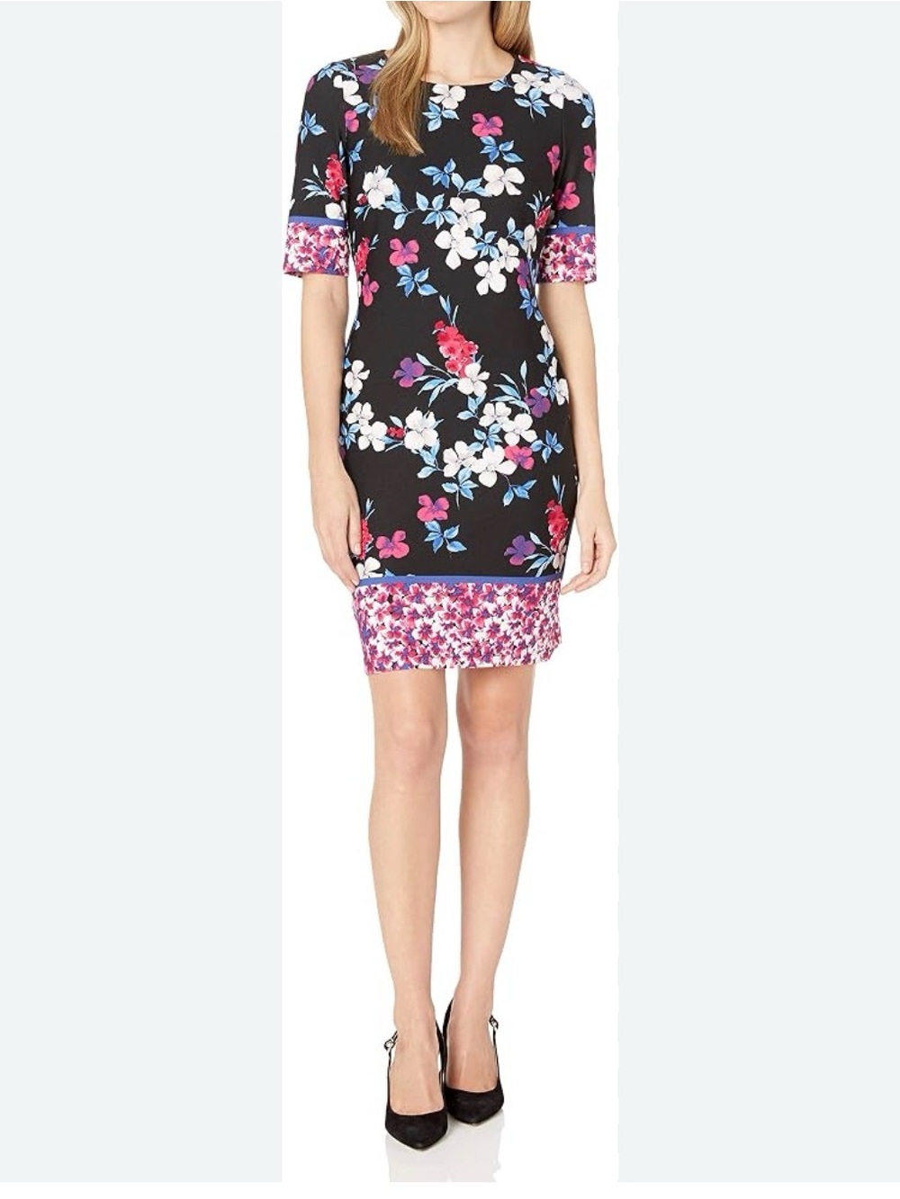 Nine West Black Midi Dress with White, Blue & Pink Floral Print